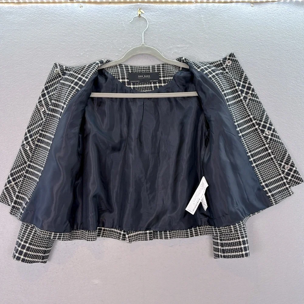 Zara women’s Cropped Checkered Blazer plaid Collarless Jacket 7/8 sleeves SZ XS